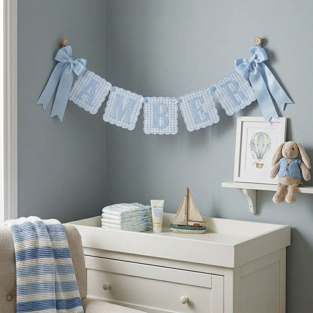 Embroidered Baby Banner, Personalized Baby Name Banner, Scallopped Bow Name Banner, Baby Shower Decor, Custom Pink Nursery Room Decorations, Nursery Garland for Newborn, Baby Shower Gifts Boys Girls