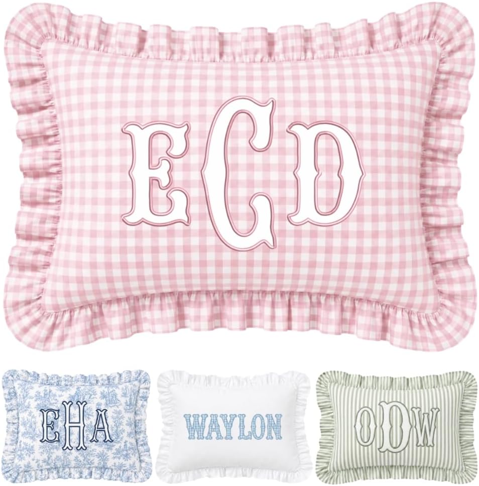 Monogram Pillow Cover, Personalized Initials Name Pillowcase, Embroidered Pillow Covers, Custom Monogrammed Baby Pillows, Nursery Decors, Couch Bed Room Ruffle Pillow Case Gifts for Kids Boy Girls - Design 06 - Image 1