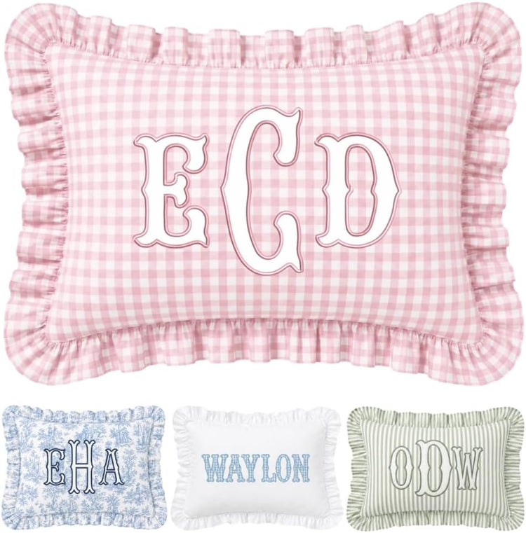 Monogram Pillow Cover, Personalized Initials Name Pillowcase, Embroidered Pillow Covers, Custom Monogrammed Baby Pillows, Nursery Decors, Couch Bed Room Ruffle Pillow Case Gifts for Kids Boy Girls - Design 06 - Image 1