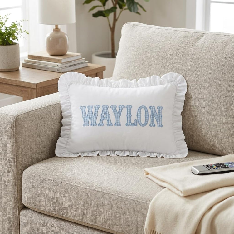 Monogram Pillow Cover, Personalized Initials Name Pillowcase, Embroidered Pillow Covers, Custom Monogrammed Baby Pillows, Nursery Decors, Couch Bed Room Ruffle Pillow Case Gifts for Kids Boy Girls - Design 06 - Image 2