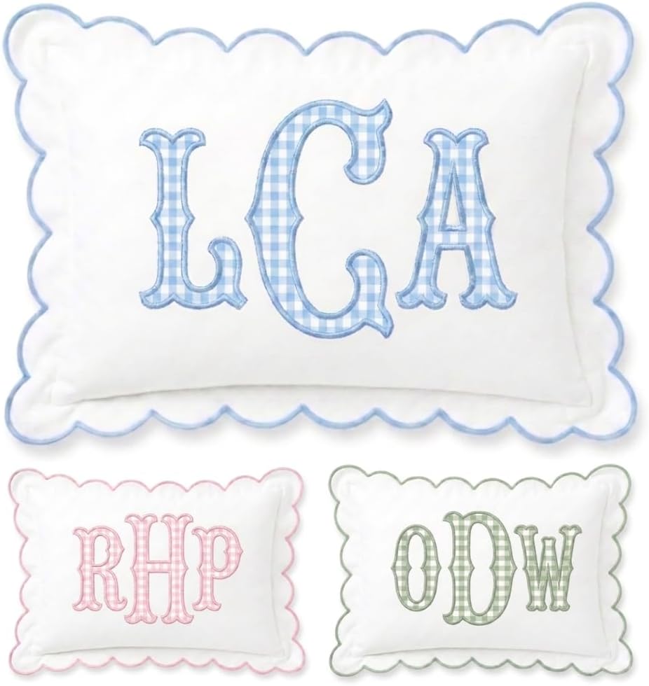 Monogram Pillow Cover, Custom Embroidered Pillow Covers, Personalized Initials Name Pillowcase, Gingham Monogrammed Baby Pillows, Couch Bed Room Pillow Gifts for Kids Boy Girls, Nursery Decoration - Design 09 - Image 1