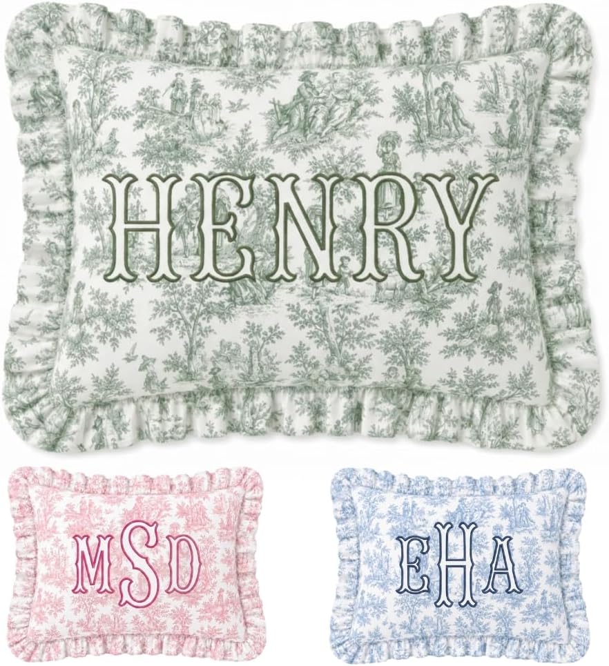 Monogram Pillow Covers, Initials Pillowcase, Personalized Name Ruffle Pillow Cover, Custom Embroidered Pillow Covers, Baby Pillows, Couch Bed Room Pillow Gifts for Kids Boy Girls, Nursery Decoration - Design 24 - Image 1