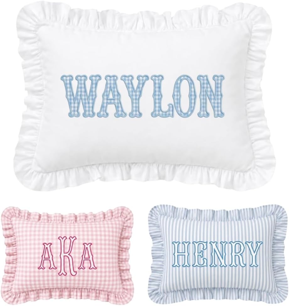 Monogram Pillow Covers, Personalized Name Ruffle Pillow Cover, Initials Pillowcase, Custom Embroidered Pillow Covers, Baby Pillows, Couch Bed Room Pillow Gifts for Kids Boy Girls, Nursery Decoration - Design 23 - Image 1