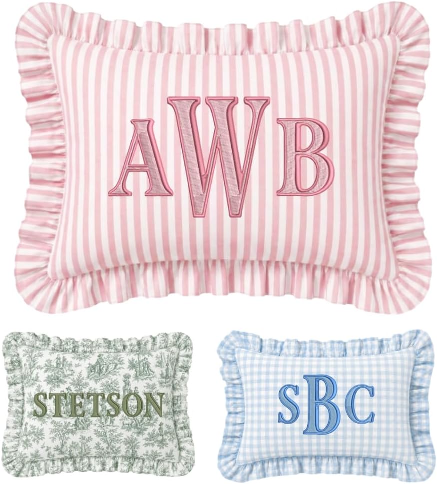 Personalized Name Ruffle Pillow Cover, Monogram Pillow Covers, Initials Pillowcase, Custom Embroidered Pillow Covers, Baby Pillows, Couch Bed Room Pillow Gifts for Kids Boy Girls, Nursery Decoration - Design 25 - Image 1