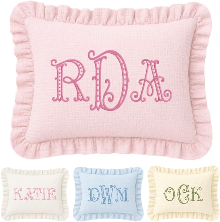 Monogram Pillow Covers, Muslin Ruffle Baby Pillows, Personalized Name Pillow Cover, Custom Embroidered Pillow Covers, Initials Pillowcase, Couch Bed Room Pillow Gifts for Kids Boy Girls Nursery Decor - Design 28 - Image 1