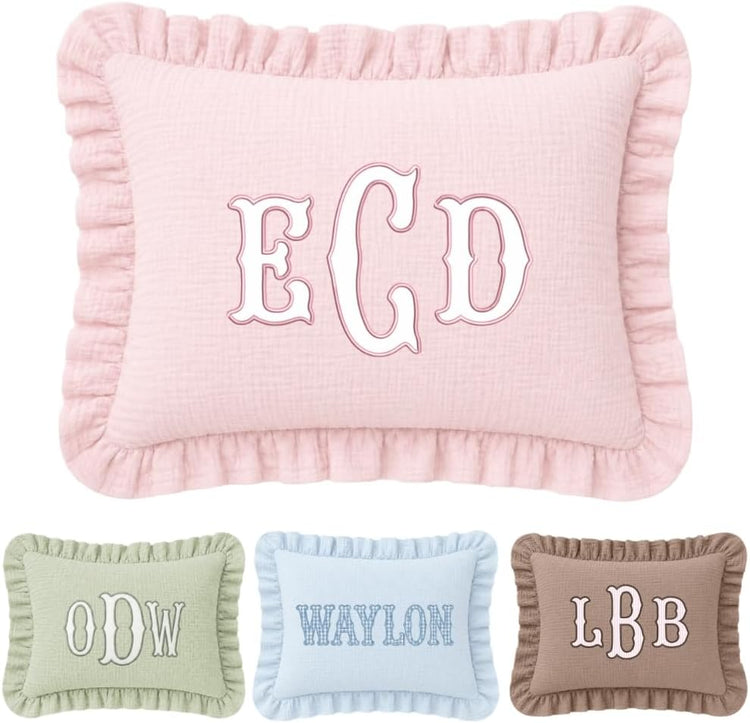 Personalized Name Muslin Pillow Cover, Ruffle Baby Pillows, Monogram Pillow Covers, Custom Embroidered Pillow Covers, Initials Pillowcase, Couch Bed Room Pillow Gifts for Kids Boy Girls Nursery Decor - Design 26 - Image 1