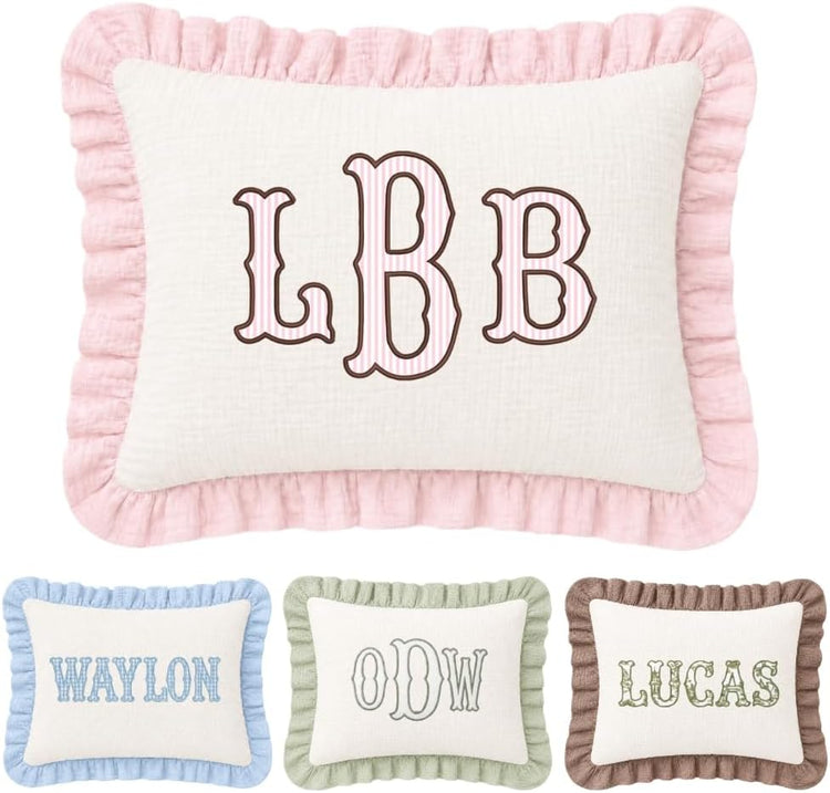 Muslin Pillow Cover, Monogram Pillow Covers, Custom Embroidered Pillow Covers, Personalized Name Ruffle Baby Pillows, Initials Pillowcase, Couch Bed Room Pillow Gifts for Kids Boy Girls Nursery Decor - Design 30 - Image 1