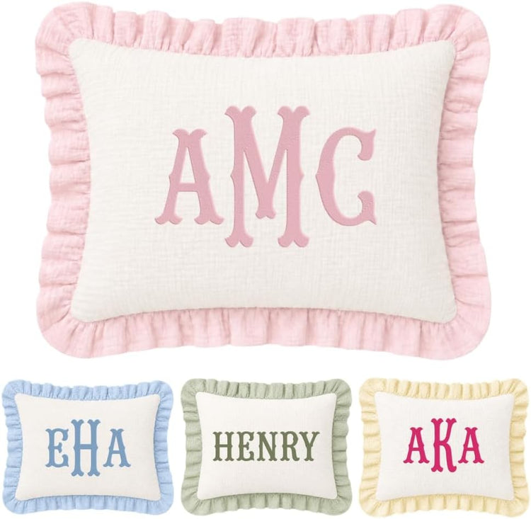 Muslin Pillow Cover, Monogram Pillow Covers, Personalized Name Ruffle Baby Pillows, Custom Embroidered Pillow Covers, Initials Pillowcase, Couch Bed Room Pillow Gifts for Kids Boy Girls Nursery Decor - Design 29 - Image 1