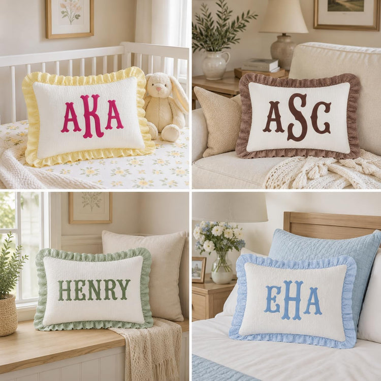 Muslin Pillow Cover, Monogram Pillow Covers, Personalized Name Ruffle Baby Pillows, Custom Embroidered Pillow Covers, Initials Pillowcase, Couch Bed Room Pillow Gifts for Kids Boy Girls Nursery Decor - Design 29 - Image 2