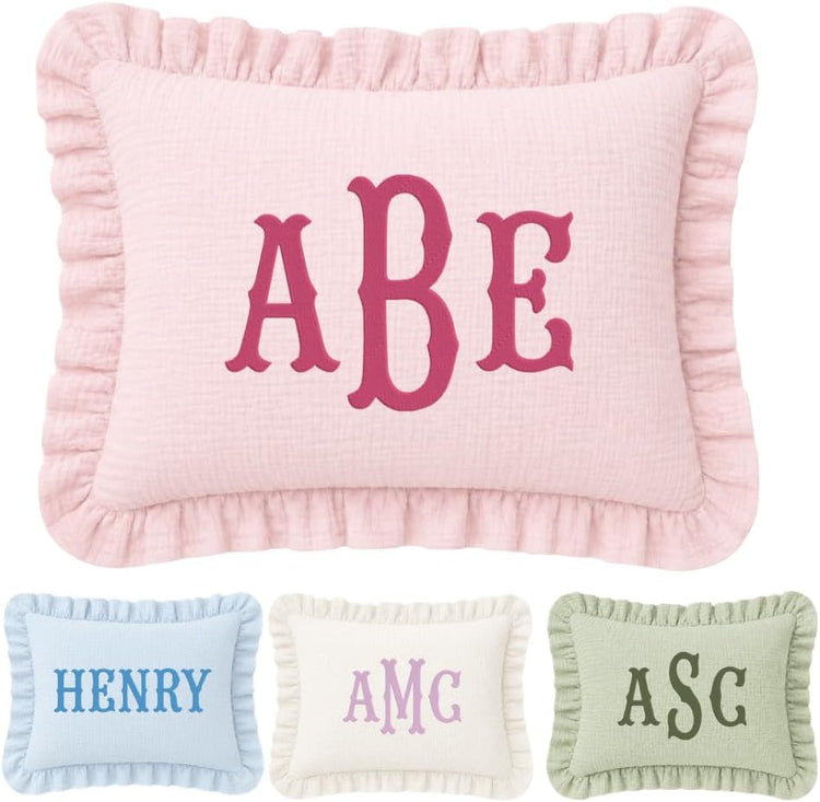 Monogram Pillow Covers, Custom Initials Muslin Pillow Cover, Embroidered Pillow Covers, Personalized Name Ruffle Baby Pillows, Pillowcase, Couch Bed Room Pillow Gifts for Kids Boy Girls Nursery Decor - Design 33 - Image 1