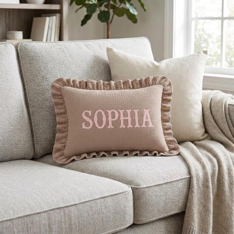 Monogram Pillow Covers, Custom Initials Muslin Pillow Cover, Embroidered Pillow Covers, Personalized Name Ruffle Baby Pillows, Pillowcase, Couch Bed Room Pillow Gifts for Kids Boy Girls Nursery Decor - Design 33 - Image 2