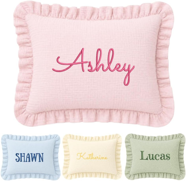 Custom Initials Muslin Pillow Cover, Monogram Pillow Covers, Embroidered Pillow Covers, Personalized Name Ruffle Baby Pillows, Pillowcase, Couch Bed Room Pillow Gifts for Kids Boy Girls Nursery Decor - Design 32 - Image 1