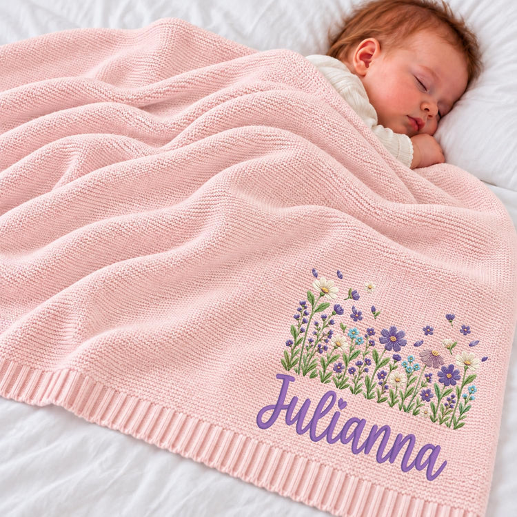 Personalized Embroidered Baby Blanket – Flowers02 – image 1