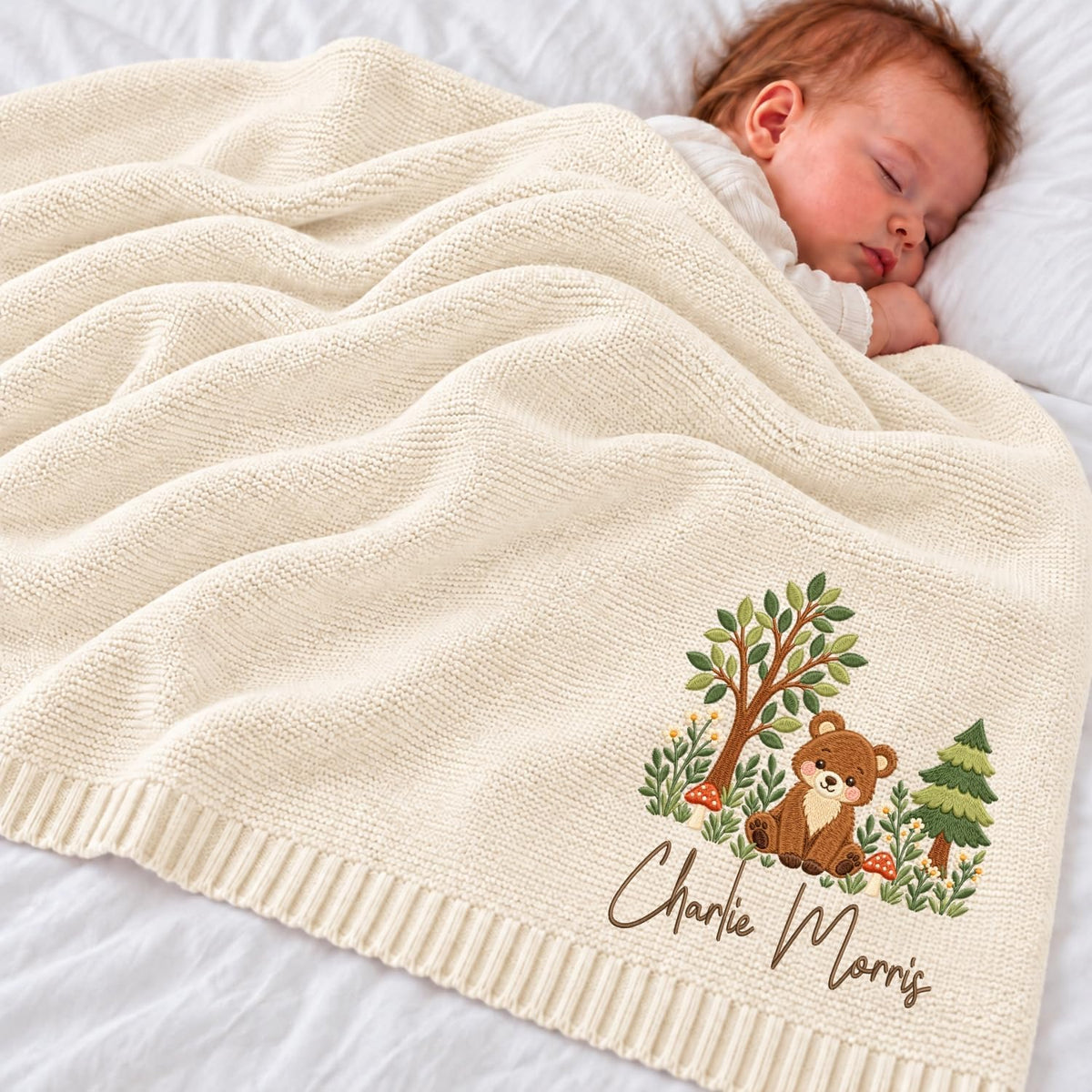 Personalized Embroidered Baby Blanket – Woodland Bear – image 1