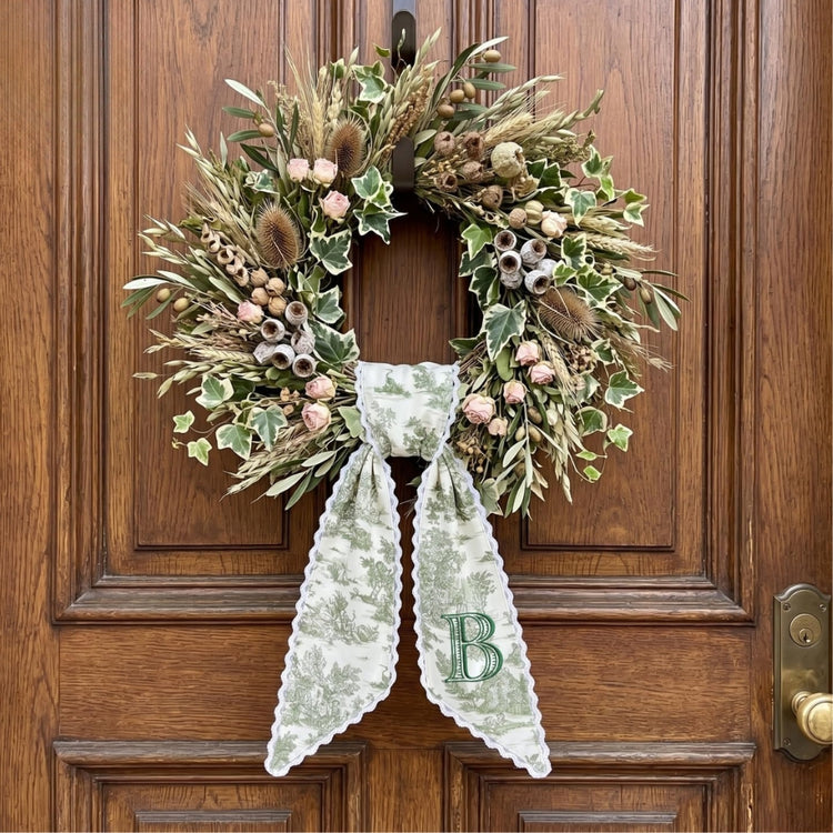 Monogram Wreath Sash Bow for Front Door, Toile Green Wreath Ribbon with Adjustable Bow Knot Farmhouse Door Wreath Decor Monogram Embroidered Sash for Holiday Housewarming Gifts