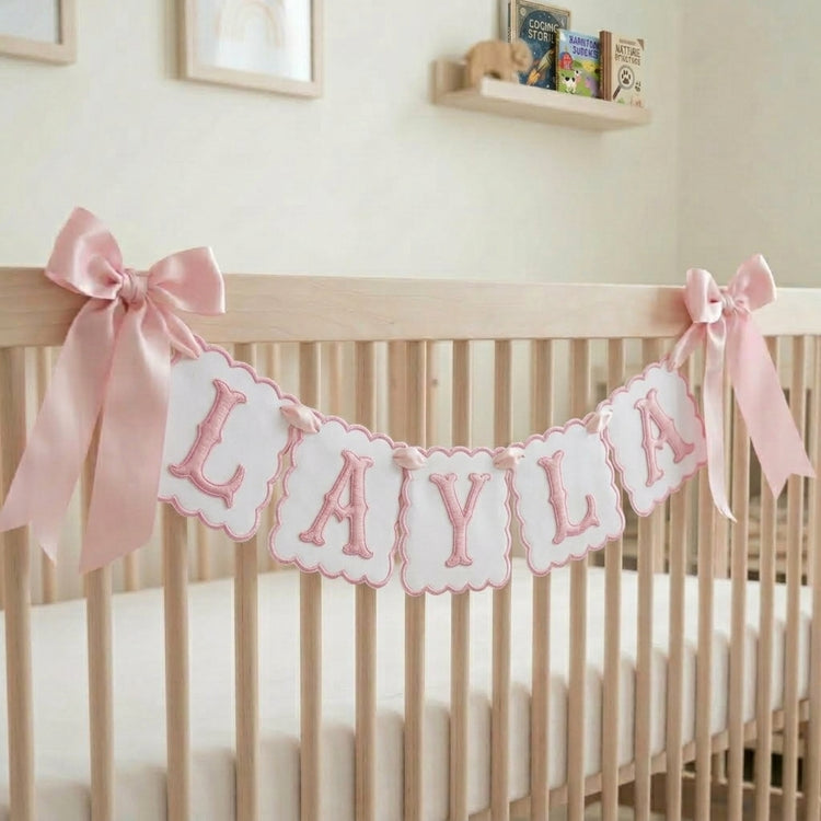 Custom Embroidered Baby Banner, Personalized Baby Name Banner, Scallopped Bow Name Banner, Baby Shower Decor, Pink Nursery Room Decorations, Nursery Garland for Newborn, Baby Shower Gifts Boys Girls