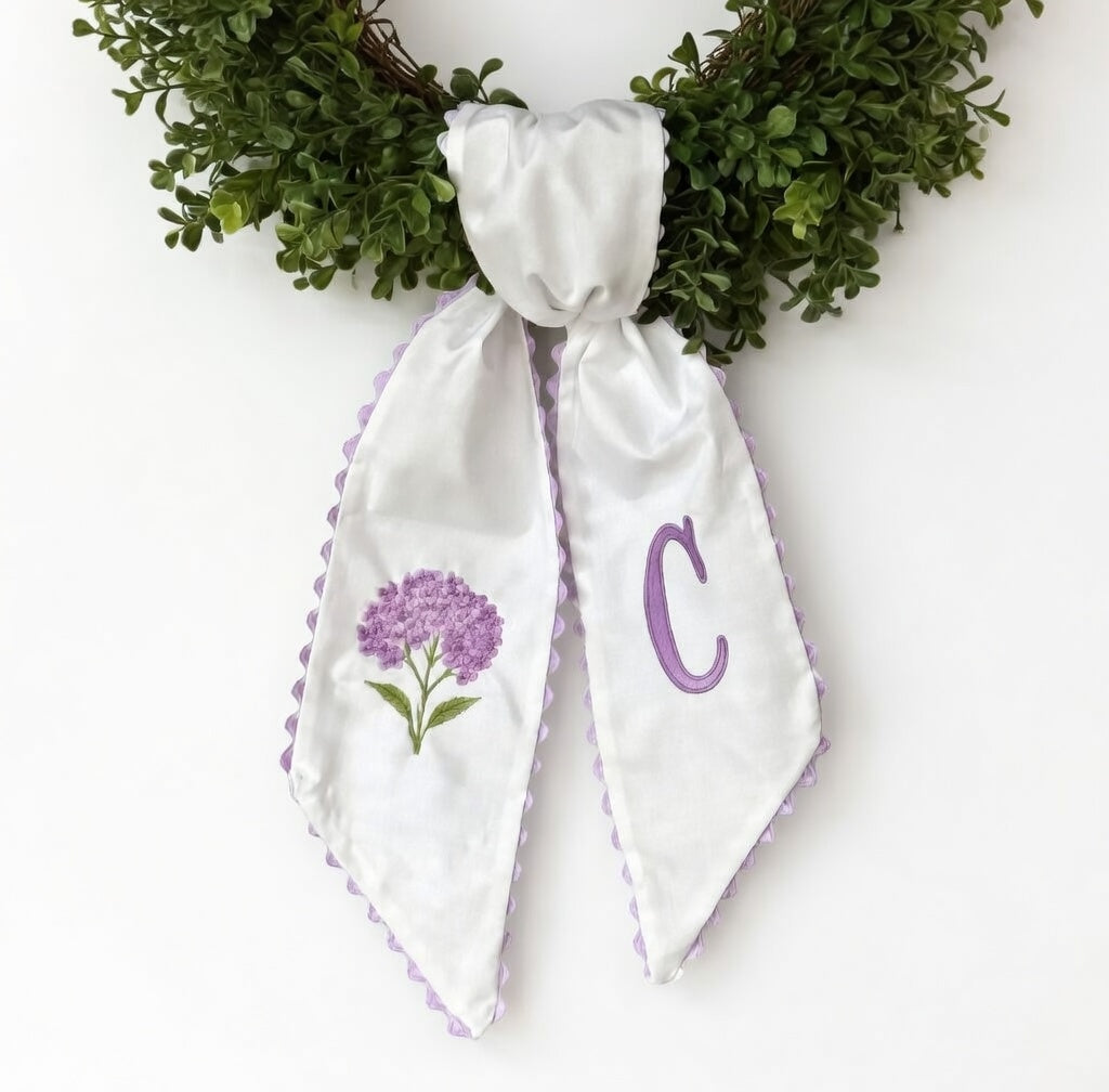 Personalized Hydrangea Wreath Sash 54x5, Embroidered Purple Hydrangea Wreath Sash Bow, Monogram Door Decor, Spring Front Door Bow, Embroidered Holiday Sash