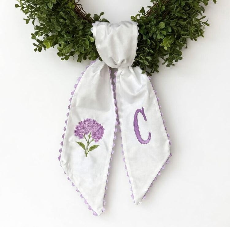Personalized Hydrangea Wreath Sash 54x5, Embroidered Purple Hydrangea Wreath Sash Bow, Monogram Door Decor, Spring Front Door Bow, Embroidered Holiday Sash