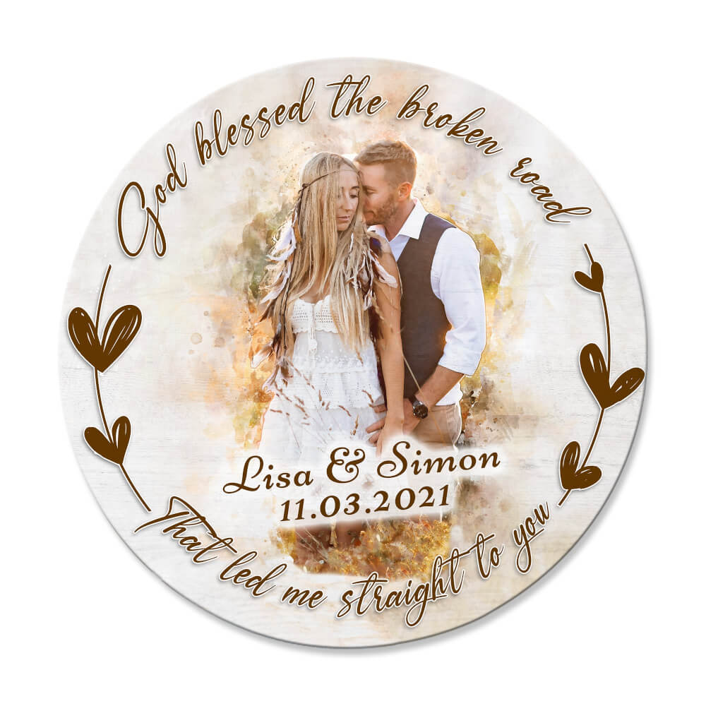 MeMate Personalized Couple Photo and Name Printed Wooden Sign Hanging Wall Decor - Custom Art Painting Round Rustic Wood Plaque Accessories for Couples Anniversary, Newlyweds, Valentines Day