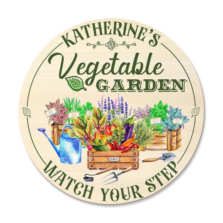 MeMate Personalized Garden Wooden Signs for Outdoor Decor - Custom Name Rustic Wood Printed Vegetable Garden Sign - Garden Sign to Personalize - Round Sign Plaque Accessories for Backyard, Farmhouse