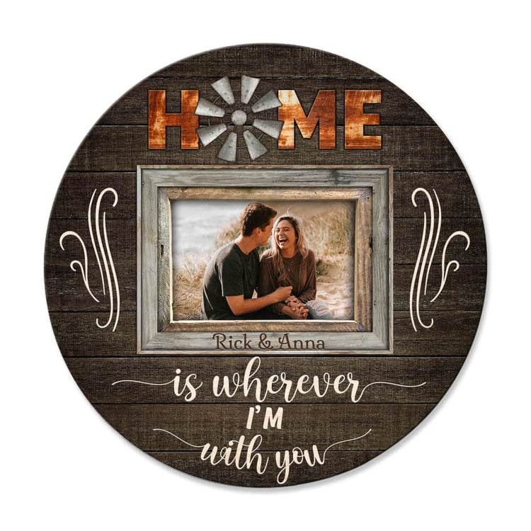 MeMate Custom Couple Photo and Name Printed Wooden Sign Hanging Wall Decor - Personalized Signs for Couple - Round Rustic Wood Plaque for Couples, Newlyweds, Valentines Day, Housewarming Gift