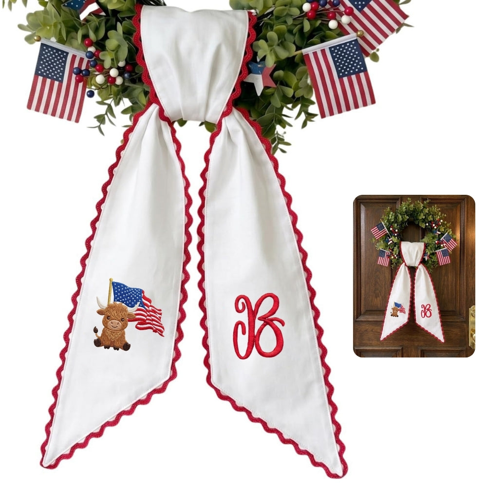 Patriotic Wreath Sash for Front Door, Highland Cow with US Flag Door Wreath Decor, 54x5 in Personalized Initial Wreath Ribbon, Monogram Embroidered Sash for Holiday, 4th of July Wreath Sashes, Housewarming Gifts