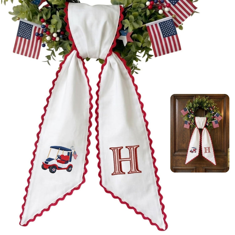 Patriotic Wreath Sash for Front Door, Golf with US Flag Door Wreath Decor, 54x5 in Personalized Initial Wreath Ribbon, Monogram Embroidered Sash for Holiday, 4th of July Wreath Sashes, Housewarming Gifts