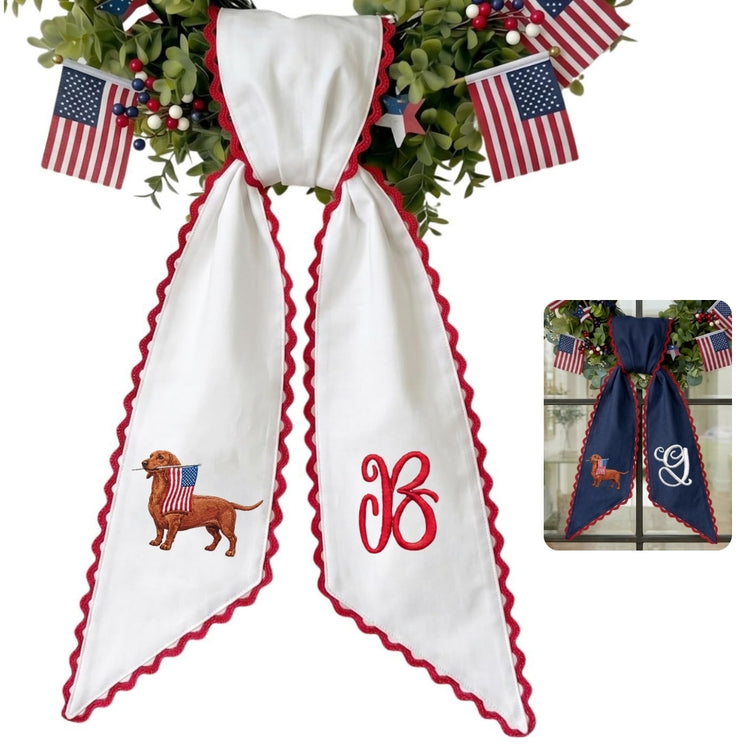 Dachshund Wreath Sash for Front Door, Personalized Initial Name Wreath Sash, Patriotic Wreath Sash, Monogramed Embroidered Ribbon with Adjustable Bow Knot Farmhouse Door Wreath Decor, 4th July Gift for Family Friends