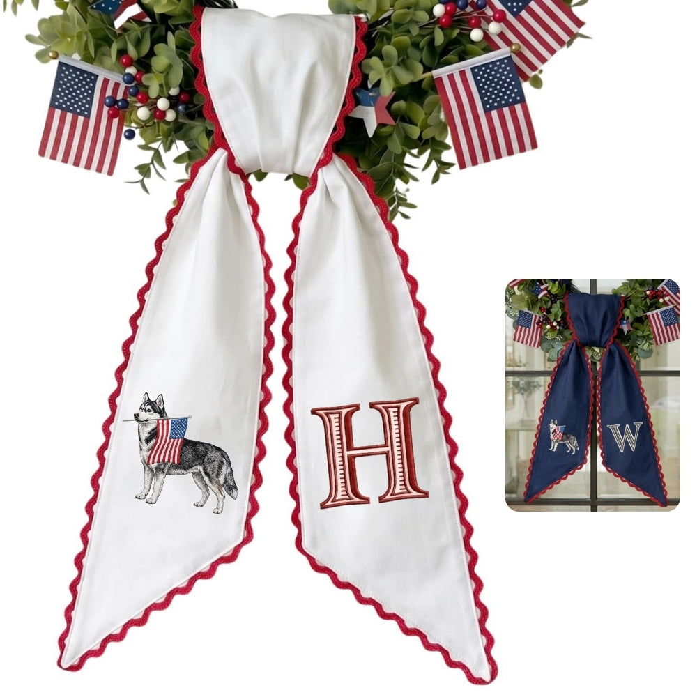 Husky with US Flag Wreath Sash for Front Door, Personalized Initial Name Wreath Sash, Patriotic Wreath Sash, Monogramed Embroidered Ribbon with Adjustable Bow Knot Farmhouse Door Wreath Decor, 4th July Gift for Family Friends