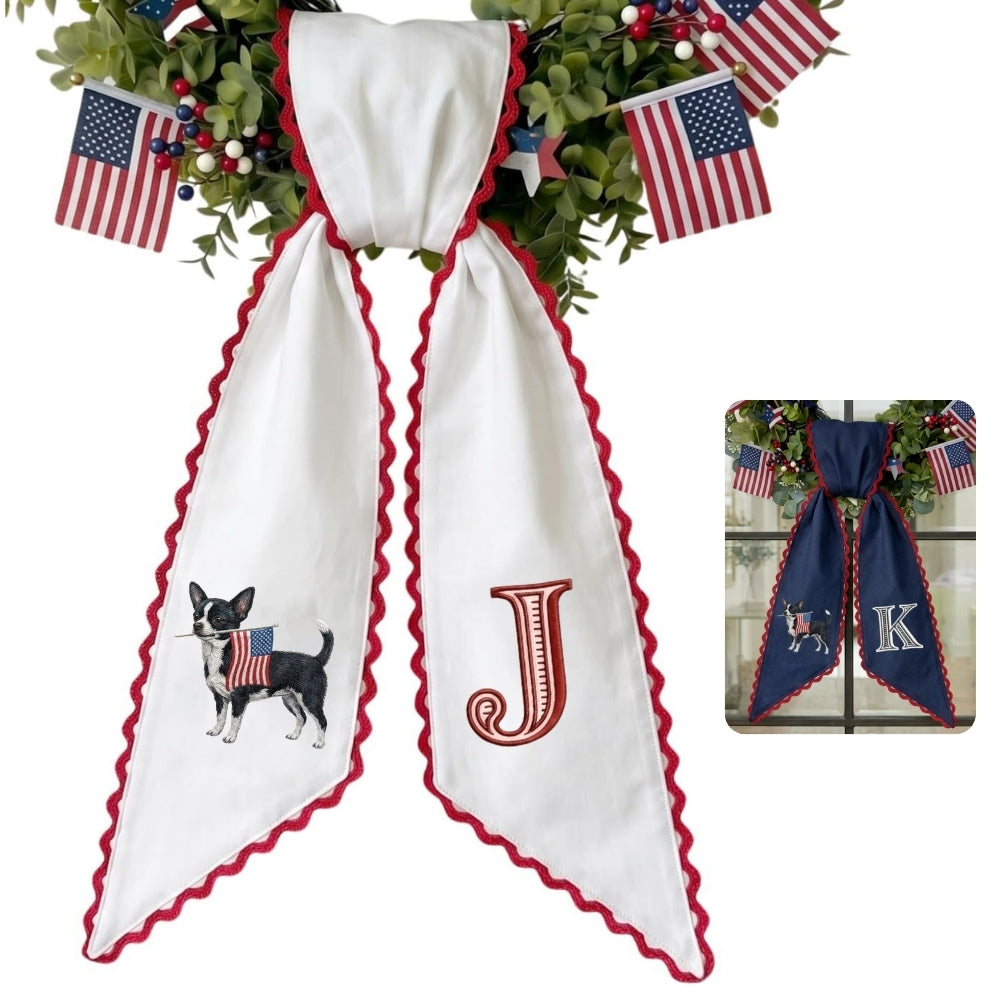 Chihuahua with US Flag Wreath Sash for Front Door, Personalized Initial Name Wreath Sash, Patriotic Wreath Sash, Monogramed Embroidered Ribbon with Adjustable Bow Knot Farmhouse Door Wreath Decor, 4th July Gift for Family Friends