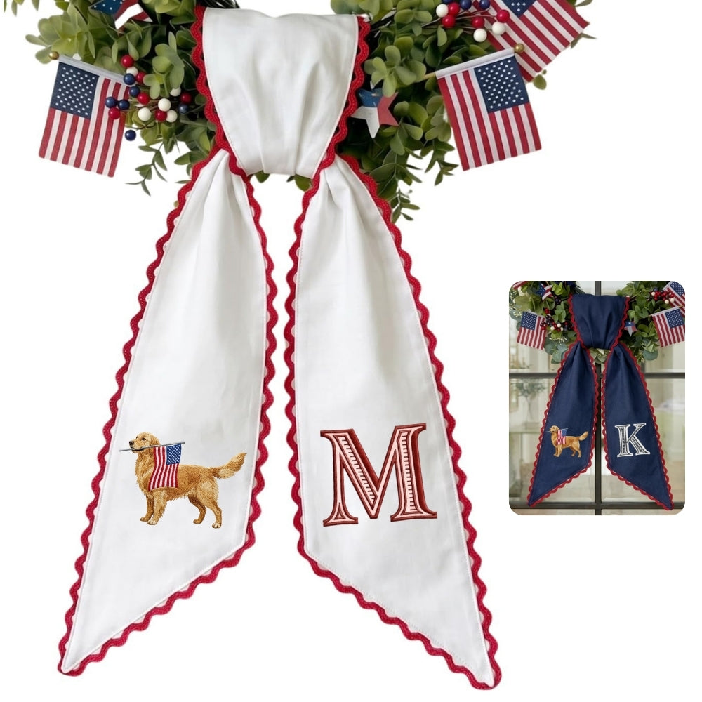 Golden Retriever with US Flag Wreath Sash for Front Door, Personalized Initial Name Wreath Sash, Patriotic Wreath Sash, Monogramed Embroidered Ribbon with Adjustable Bow Knot Farmhouse Door Wreath Decor, 4th July Gift for Family Friends