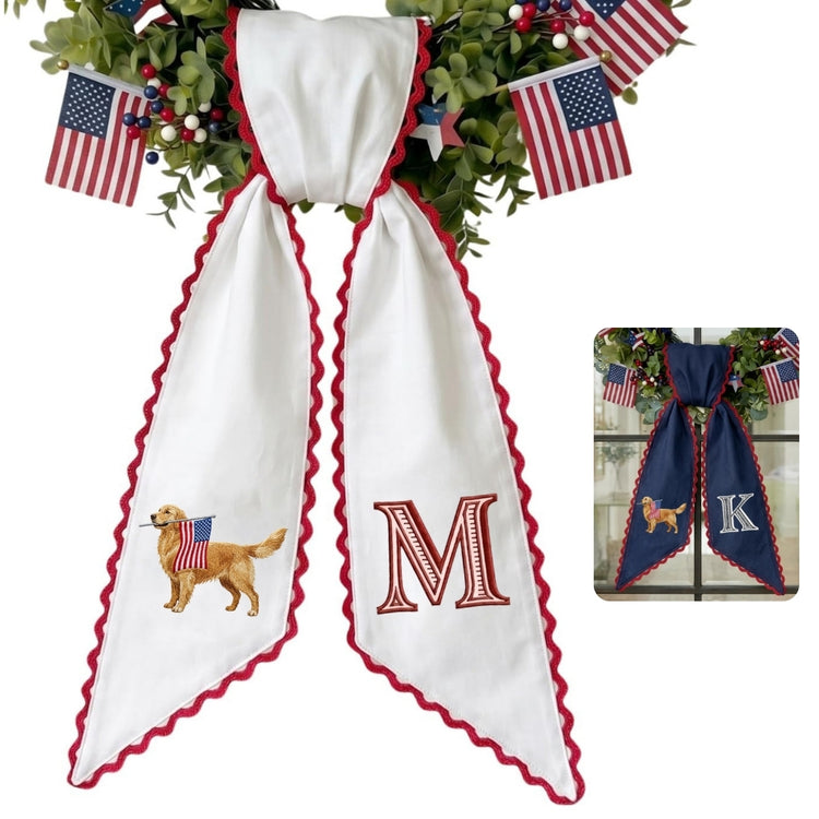Golden Retriever with US Flag Wreath Sash for Front Door, Personalized Initial Name Wreath Sash, Patriotic Wreath Sash, Monogramed Embroidered Ribbon with Adjustable Bow Knot Farmhouse Door Wreath Decor, 4th July Gift for Family Friends