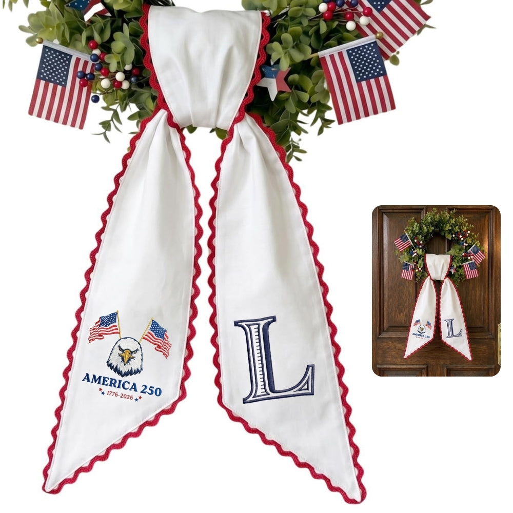 Patriotic Wreath Sash for Front Door, US Flag Door Wreath Decor, 54x5 in Personalized Initial Wreath Ribbon, Monogram Embroidered Sash for Holiday, 4th of July Wreath Sashes for Porch