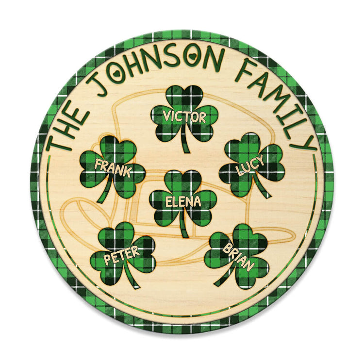 MeMate Personalized Wooden Name Signs for Family - Custom Family Names on Shamrock Round Printed Wall Decor