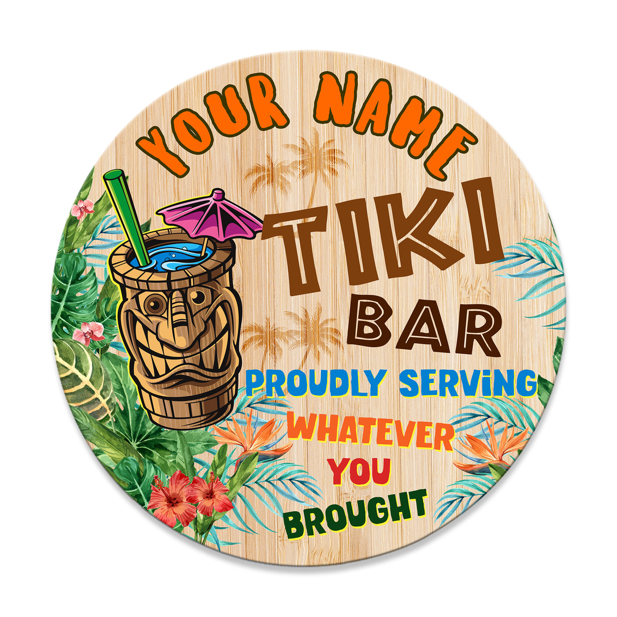 MeMate Custom Tiki Bar Sign – Personalized Wooden Name Sign for Backyard, Patio, Tiki Lounge Decors, Beach Bar, Party Decorations – Rustic Round Printed Wood Signs Wall Hanging Decorative