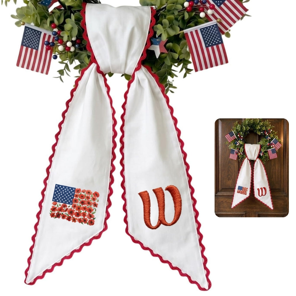 US Flag Door Wreath Decor, Patriotic Wreath Sash for Front Door, 54x5 in Personalized Initial Wreath Ribbon, Poppy Flowers Monogram Embroidered Sash for Holiday, 4th of July Wreath Sashes