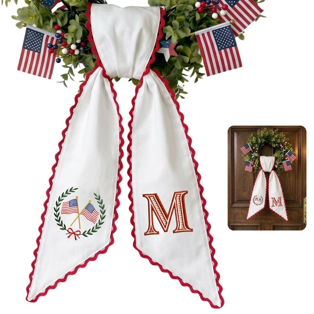 Patriotic Wreath Sash for Front Door, US Flag Door Wreath Decor, 54x5 in Personalized Initial Wreath Ribbon, Monogram Embroidered Sash for Holiday, 4th of July Wreath Sashes, Housewarming Gifts