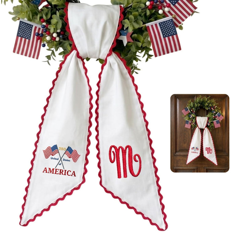 Patriotic Wreath Sash for Front Door, United States of America US Flag Door Wreath Decor, 54x5 in Personalized Initial Wreath Ribbon, Monogram Embroidered Sash for Holiday, 4th of July Wreath Sashes, Housewarming Gifts