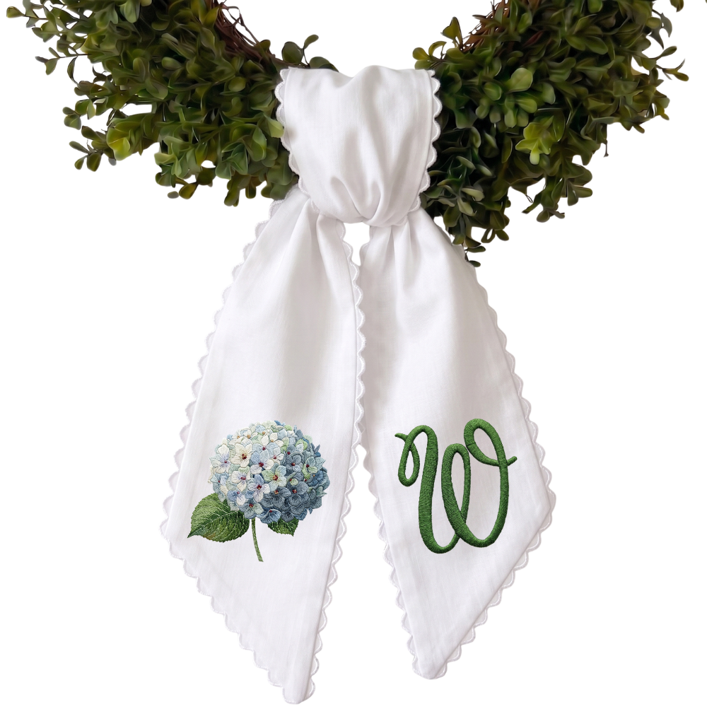 Embroidered Hydrangea Monogram Wreath Sash for Front Door, Flowers Personalized Initial Name, Monogramed Embroidered Ribbon with Adjustable Bow Knot Farmhouse Door Wreath Decor, Gift for Family Friends