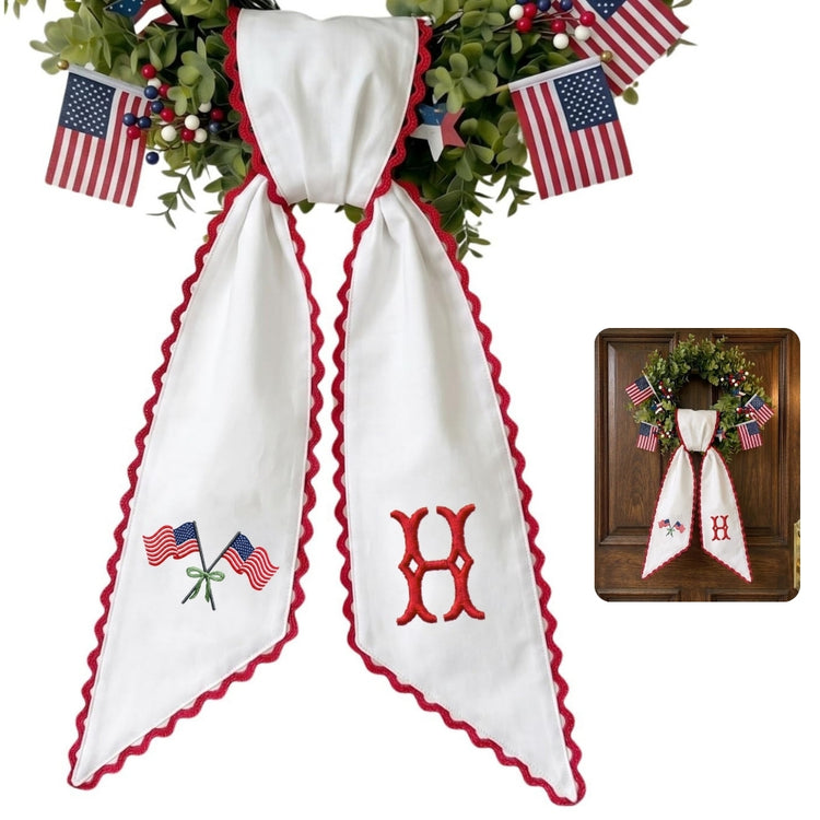 Patriotic Wreath Sash for Front Door, US Flag With Bow Door Wreath Decor, 54x5 in Personalized Initial Wreath Ribbon, Monogram Embroidered Sash for Holiday, 4th of July Wreath Sashes, Housewarming Gifts