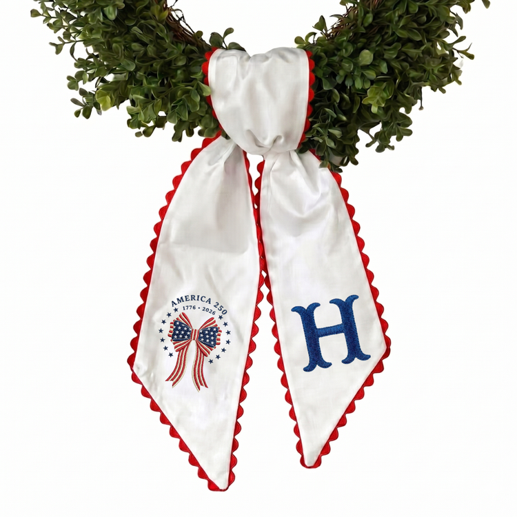 America 250th Anniversary, US Flag Wreath Sash for Front Door, Personalized Initial Name Wreath Sash, Patriotic Wreath Sash, Monogramed Embroidered Ribbon with Adjustable Bow Knot Farmhouse Door Wreath Decor, 4th July Gift for Family Friends