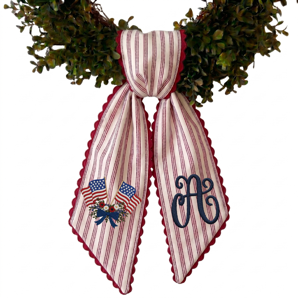 Patriotic Wreath Sash 54x5 Inch, America Wreath Sash for Front Door, Personalized Embroidered Monogram Sash, Independence Day Front Door Decor, US Flag with Bow Wreath Sashes