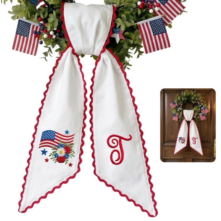 Patriotic Wreath Sash for Front Door, Red White Blue Flowers US Flag Door Wreath Decor, 54x5 in Personalized Initial Wreath Ribbon, Monogram Embroidered Sash for Holiday, 4th of July Wreath Sashes, Housewarming Gifts