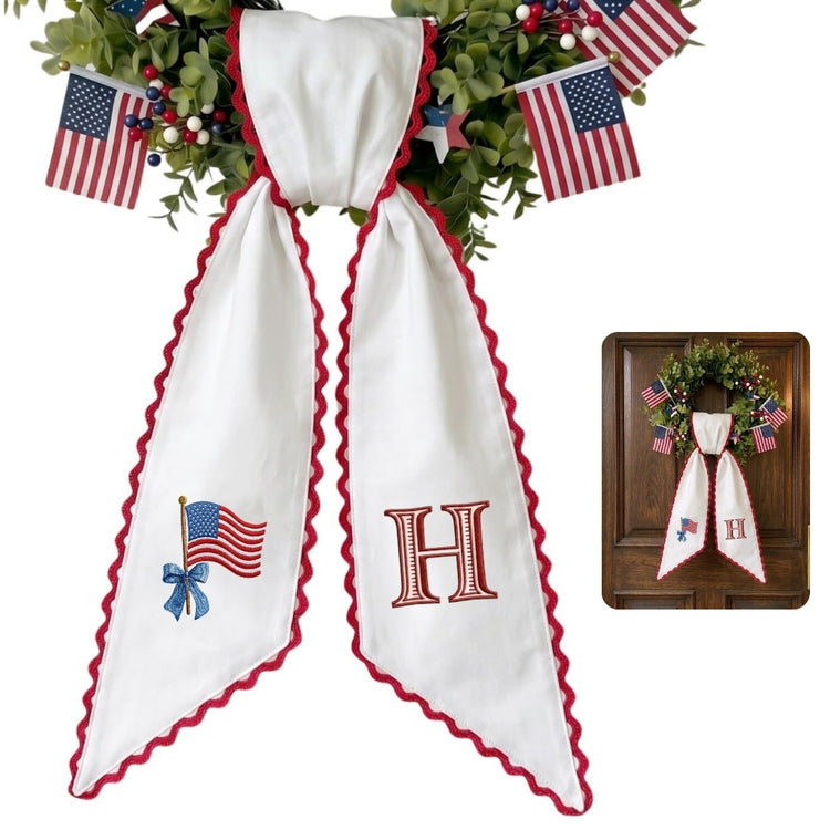 Patriotic Wreath Sash for Front Door, Bow with US Flag Door Wreath Decor, 54x5 in Personalized Initial Wreath Ribbon, Monogram Embroidered Sash for Holiday, 4th of July Wreath Sashes, Housewarming Gifts