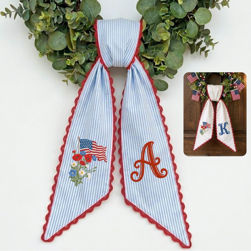 US Flag WithFlowers Patriotic Wreath Sash 54x5 Inch, Wreath Sash for Front Door, Personalized Embroidered Monogram Sash, Independence Day Front Door Decor, America Flag with Bow Wreath Sashes