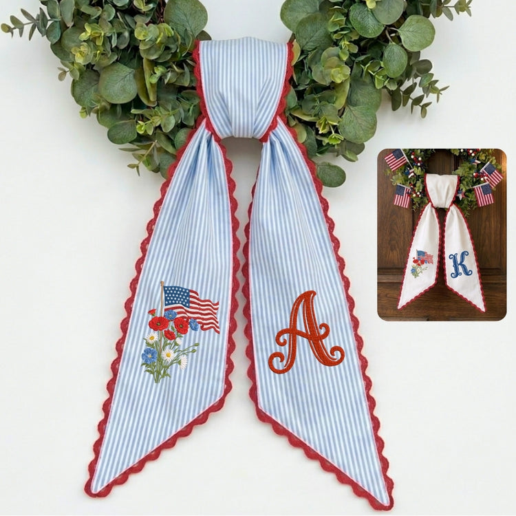 US Flag WithFlowers Patriotic Wreath Sash 54x5 Inch, Wreath Sash for Front Door, Personalized Embroidered Monogram Sash, Independence Day Front Door Decor, America Flag with Bow Wreath Sashes