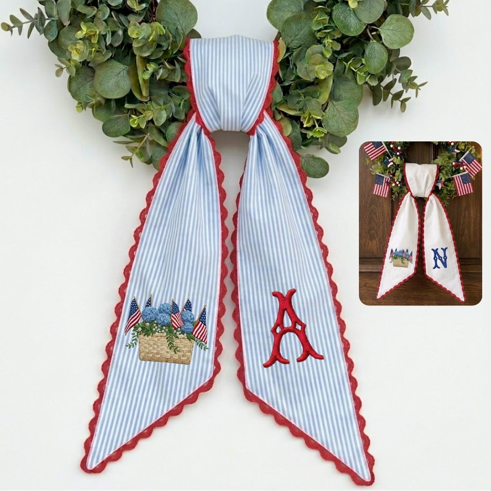 US Flag With Hydrangea Patriotic Wreath Sash 54x5 Inch, Wreath Sash for Front Door, Personalized Embroidered Monogram Sash, Independence Day Front Door Decor, America Flag with Bow Wreath Sashes