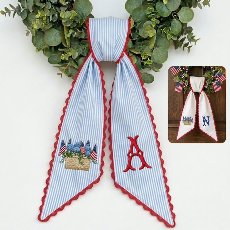 US Flag With Hydrangea Patriotic Wreath Sash 54x5 Inch, Wreath Sash for Front Door, Personalized Embroidered Monogram Sash, Independence Day Front Door Decor, America Flag with Bow Wreath Sashes