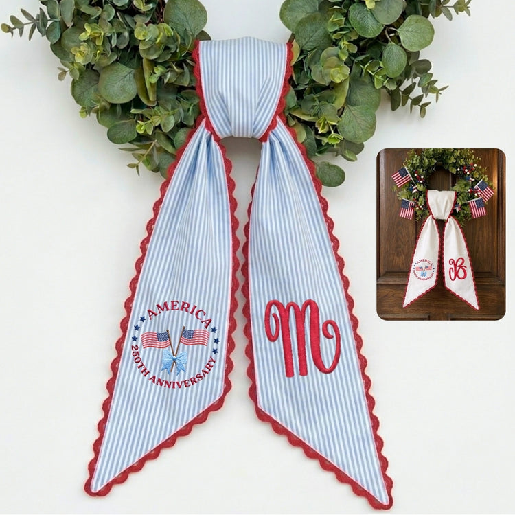 US Flag Patriotic Wreath Sash 54x5 Inch, Wreath Sash for Front Door, Personalized Embroidered Monogram Sash, Independence Day Front Door Decor, America Flag with Bow Wreath Sashes