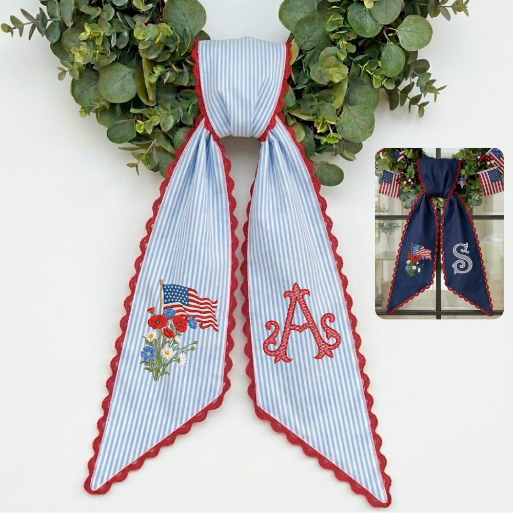 US Flag With Flowers Wreath Sash for Front Door, Patriotic Wreath Sash 54x5 Inch, Personalized Embroidered Monogram Sash, Independence Day Front Door Decor, America Flag with Bow Wreath Sashes
